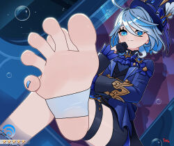 Rule 34 | 1girl, ahoge, artist logo, ascot, black gloves, blue ascot, blue eyes, blue gemstone, blue hair, blue hat, blue jacket, blue nails, blue shorts, closed mouth, commentary, crossed legs, dutch angle, english commentary, eyelashes, feet, foot focus, foot out of frame, foreshortening, furina (genshin impact), gem, genshin impact, gloves, hair between eyes, hand up, hat, heterochromia, indoors, jacket, light blue hair, long sleeves, looking at viewer, medium hair, mohoshadream, multicolored hair, nail polish, no shoes, open clothes, open jacket, shadow, short shorts, shorts, sitting, soles, solo, spread toes, stirrup legwear, streaked hair, swept bangs, thigh strap, toeless legwear, toenail polish, toenails, toes, top hat