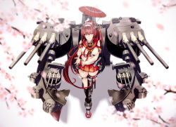 Rule 34 | 10s, 1girl, anchor, armband, asymmetrical legwear, bare shoulders, black legwear, brown hair, cherry blossoms, detached sleeves, flower, from above, hair flower, hair ornament, headgear, highres, kantai collection, long hair, looking at viewer, looking up, machinery, oil-paper umbrella, over shoulder, pleated skirt, ponytail, red skirt, sailor collar, skirt, smile, solo, takamura wamu, turret, umbrella, uneven legwear, very long hair, yamato (kancolle)