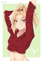 Rule 34 | 1girl, arm behind head, arm up, blonde hair, blush, braid, breasts, commentary, darahan, fate/grand order, fate (series), green eyes, hair ornament, long hair, looking at viewer, mordred (fate), mordred (fate/apocrypha), navel, parted bangs, ponytail, red sweater, solo, sweater, upper body