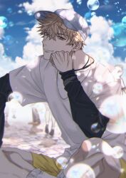 Rule 34 | absurdres, blonde hair, blue sky, bubble, chain, chain necklace, cloud, cobblestone, ear piercing, given, hat, highres, jewelry, long sleeves, male focus, mi muuuu, necklace, piercing, shorts, sky, solo focus, yellow shorts, yoshida yuki (given)