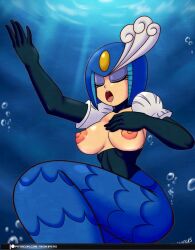 Rule 34 | android, breasts, breasts out, highres, large breasts, medium breasts, mega man (classic), mega man (series), mermaid, monster girl, music, robot, singing, splash woman, topless, underwater, vcampan