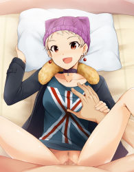 Rule 34 | 10s, 1girl, bed, blonde hair, bottomless, breasts, censored, choker, clothed sex, earrings, female pubic hair, grabbing, grabbing another&#039;s breast, groping, happy sex, hat, hetero, highres, idolmaster, idolmaster cinderella girls, jacket, jewelry, kaiga, long legs, looking at viewer, lying, mosaic censoring, no panties, open mouth, penis, pillow, pixie cut, pov, pubic hair, pussy, red eyes, senzaki ema, sex, short hair, spread legs, vaginal, very short hair
