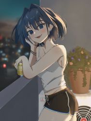 Rule 34 | 1girl, air conditioner, alternate costume, balcony, black shorts, blue eyes, blue hair, blue nails, blurry, blurry background, blush, breasts, can, casual, city, commentary, cowboy shot, dolphin shorts, drink, eyelashes, fang, hair between eyes, hair intakes, head rest, highres, holding, holding can, hololive, hololive english, looking at viewer, medium breasts, medium hair, midriff, mitsubishi, nail polish, navel, night, open mouth, ouro kronii, plant, potted plant, short shorts, shorts, smile, solo, standing, tank top, virtual youtuber, white tank top, wristband, yobi (ybpac18)