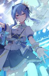 Rule 34 | 1girl, blue eyes, bow, corrupted twitter file, frilled skirt, frilled wristband, frills, hair ornament, highres, hololive, hololive idol uniform (bright), hoshimachi suisei, idol clothes, motoi (croa76), skirt, stage, tiara, virtual youtuber, waist bow