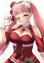 Rule 34 | 1girl, absurdres, blush, breasts, cleavage, dress, female focus, fire emblem, fire emblem: three houses, fire emblem heroes, fur-trimmed collar, fur-trimmed gloves, fur trim, gloves, highres, hilda valentine goneril, long hair, matching hair/eyes, medium breasts, nintendo, official alternate costume, one eye closed, pink eyes, pink hair, red dress, reia hana, santa costume, smile, solo, twintails, twitter username, white gloves, wink