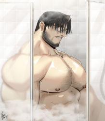 Rule 34 | 1boy, abs, bara, black hair, chest hair, facial hair, glasses, gomtang, large pectorals, male focus, mature male, muscular, muscular male, nipple piercing, nipples, open mouth, original, pectorals, piercing, shower (place), showering, sideburns, solo, stubble, topless male