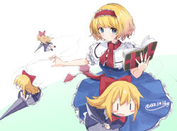 Rule 34 | alice margatroid, ascot, blonde hair, blue dress, blue eyes, book, capelet, commentary request, doll, dress, frilled ascot, frilled dress, frills, grimoire of alice, hairband, highres, holding, holding book, lance, lolita hairband, multiple girls, polearm, puppet strings, red ascot, red hairband, shanghai doll, shiisaa3, short hair, touhou, weapon, white capelet