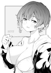 Rule 34 | 1girl, bikini, bikini top only, blush, breasts, cleavage, collarbone, commentary request, dated, grey background, greyscale, highres, jacket, kichihachi, large breasts, looking at viewer, monochrome, open clothes, open jacket, original, parted lips, short hair, solo, swimsuit, twitter username, two-tone background, white background