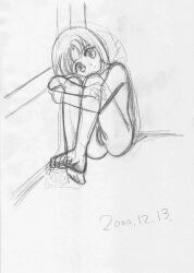 Rule 34 | 00s, 1girl, 2000, barefoot, blush, cleft of venus, collarbone, dated, december, flat chest, looking at viewer, monochrome, nude, pussy, short hair, sitting, sketch, sujiko gozen, window