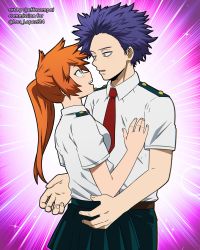 Rule 34 | 1boy, 1girl, absurdres, blue hair, boku no hero academia, breasts, effasempai, from behind, green eyes, hand on own chest, highres, kendou itsuka, large breasts, long hair, looking at another, necktie, open mouth, orange hair, school uniform, shinsou hitoshi, short hair, smile, spiked hair, teeth