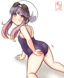 Rule 34 | 1girl, adjusting clothes, adjusting swimsuit, alternate costume, artist logo, ass, blue one-piece swimsuit, dated, gradient hair, kanon (kurogane knights), kantai collection, looking at viewer, looking back, multicolored hair, one-hour drawing challenge, one-piece swimsuit, orange hair, purple eyes, purple hair, short hair with long locks, sidelocks, simple background, solo, swimsuit, tsushima (kancolle), white background