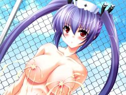 Rule 34 | 1girl, against fence, blush, breasts, cc hospital, chain-link fence, day, expressionless, fence, game cg, kooh, lactation, large breasts, long hair, mayuzumi alisa, nipples, outdoors, pangya, purple hair, red eyes, sky, solo, topless, twintails, yama bikko