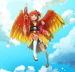 Rule 34 | 1girl, arm up, artist name, banjo-kazooie, bird wings, blush, bow, clenched hand, cloud, gradient hair, green eyes, hair bow, highres, japanese clothes, kazooie (banjo-kazooie), kimono, looking at viewer, miraxth523, multicolored hair, new year, open mouth, orange hair, personification, petals, short ponytail, shorts, sky, smile, solo, tabi, wings