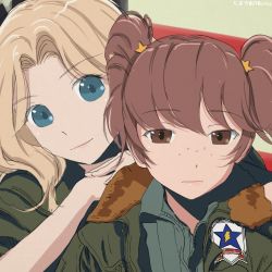 Rule 34 | 2girls, akagi (fmttps), alisa (girls und panzer), blonde hair, blue eyes, brown eyes, brown hair, closed mouth, commentary request, emblem, freckles, frown, girls und panzer, green jacket, green shirt, hair intakes, hair ornament, half-closed eyes, hands on another&#039;s shoulders, jacket, kay (girls und panzer), lips, long hair, looking at viewer, multiple girls, portrait, saunders (emblem), shirt, short hair, short twintails, smile, star (symbol), star hair ornament, twintails, twitter username