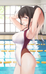 Rule 34 | 1girl, adjusting hair, alternate costume, alternate hairstyle, armpits, arms behind head, arms up, ass, bare arms, bare shoulders, black hair, blush, breasts, commentary, competition swimsuit, cowboy shot, covered erect nipples, from side, highleg, highleg swimsuit, indoors, kantai collection, lane line, large breasts, long hair, looking at viewer, moose (moosemitchell2), multicolored hair, naganami (kancolle), one-piece swimsuit, open mouth, pink hair, ponytail, pool, smile, solo, swimsuit, symbol-only commentary, tying hair, water, yellow eyes