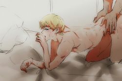 Rule 34 | 2boys, anal, asuka ryou, bed, blonde hair, blue eyes, devilman, devilman crybaby, eyebrows, from behind, lying, male focus, male penetrated, mihael, multiple boys, nude, on back, open mouth, short hair, sweat, yaoi