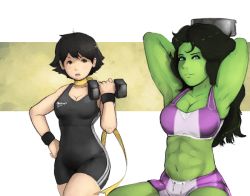 Rule 34 | 2girls, 34no404, abs, armpits, arms behind head, black hair, blue eyes, breasts, brown eyes, capcom, choker, cleavage, colored skin, crop top, crossover, dumbbell, exercising, gradient background, green skin, hand on own hip, jennifer walters, large breasts, long hair, makoto (street fighter), marvel, medium breasts, midriff, multiple girls, navel, ribbon choker, she-hulk, short hair, shorts, smile, sports bra, sports top, street fighter, unitard, wristband