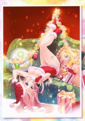 Rule 34 | 1girl, absurdres, alternate costume, bismarck (kancolle), blonde hair, blue eyes, boots, bow, breasts, candy, candy cane, carnelian, christmas, christmas ornaments, cleavage, cookie, couch, dress, food, full body, gift, gloves, gradient background, hat, high heel boots, high heels, highres, kantai collection, large breasts, legs, looking at viewer, pillow, pom pom (clothes), santa costume, santa gloves, santa hat, scan, simple background, solo, tattoo
