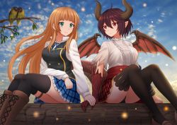 Rule 34 | 2girls, animal, anne (shingeki no bahamut), bird, black legwear, black panties, black vest, blonde hair, blue skirt, blue sky, blunt bangs, blurry, blurry background, boots, breasts, brown footwear, center frills, closed mouth, cloud, cloudy sky, commentary, cross-laced footwear, day, depth of field, dragon girl, dragon horns, dragon tail, dragon wings, eye contact, frills, granblue fantasy, grea (shingeki no bahamut), green eyes, hair between eyes, hand grab, highres, horns, kazenokaze, knee boots, lace-up boots, long hair, long sleeves, looking at another, looking to the side, medium breasts, multiple girls, outdoors, panties, plaid, plaid skirt, pleated skirt, red eyes, red hair, red skirt, red wings, scales, shingeki no bahamut, shirt, short sleeves, sitting, skirt, sky, smile, tail, thighhighs, thighhighs under boots, torn clothes, torn shirt, underwear, very long hair, vest, white shirt, wings