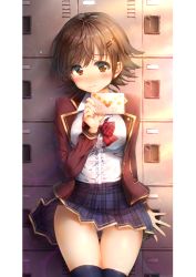 Rule 34 | 1girl, against locker, black thighhighs, blazer, blue skirt, blush, bow, bowtie, breasts, brown eyes, brown hair, brown jacket, center frills, closed mouth, earrings, frills, glint, heart, highres, holding, holding letter, honda mio, idolmaster, idolmaster cinderella girls, jacket, jewelry, kuria (clear trip second), lens flare, letter, locker, long sleeves, looking at viewer, love letter, medium breasts, nail polish, nervous smile, nose blush, open clothes, open jacket, pink nails, plaid, plaid bow, plaid bowtie, plaid neckwear, plaid skirt, raised eyebrows, red bow, red bowtie, school uniform, shiny skin, shirt, short hair, skirt, smile, solo, stud earrings, tareme, thigh gap, thighhighs, thighs, white shirt
