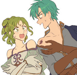 Rule 34 | &gt;:0, &gt;:d, 1boy, 1girl, :d, :o, angry, aqua eyes, aqua hair, bare shoulders, blush, breasts, brown gloves, bruise, capelet, circlet, collarbone, couple, crossed arms, curly hair, dress, dutch angle, elbow gloves, embarrassed, ephraim (fire emblem), eye contact, fire emblem, fire emblem: the sacred stones, formal, gloves, green eyes, green hair, grey shirt, hetero, injury, jewelry, l&#039;arachel (fire emblem), laughing, leaning, leaning to the side, looking at another, matching hair/eyes, naughty face, neck, nintendo, noshima, off shoulder, open clothes, open mouth, open shirt, ponytail, prince, princess, shirt, short hair, shouting, shy, side-by-side, simple background, small breasts, smile, surprised, sweatdrop, undressing, upper body, v-shaped eyebrows, white background, white dress, white gloves