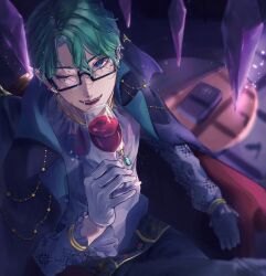 Rule 34 | 1boy, akuma shitsuji to kuroi neko, black cape, blood, blue eyes, book, cape, cup, drinking glass, glasses, gloves, green hair, grey shirt, highres, looking at viewer, looking up, male focus, nac stein, pointy ears, purple background, shirt, short hair, sitting, solo, urochocco, vampire, white gloves, wine glass