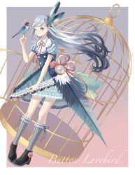 Rule 34 | 1girl, :o, ;d, absurdres, bird, bird on hand, birdcage, black footwear, blue dress, buttons, cage, dress, earrings, feather hair ornament, feathers, frilled dress, frills, full body, gradient background, grey socks, hair ornament, highres, jewelry, kneehighs, long hair, lovebird, one eye closed, open mouth, original, parakeet, personification, pink ribbon, red pupils, ribbon, short sleeves, smile, socks, standing, striped clothes, striped socks, white ribbon, yuzor a rancia
