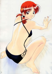 Rule 34 | 1girl, barefoot, highres, polorinken, red hair, sitting, solo, swimsuit, tagme, twintails