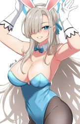 Rule 34 | 1girl, :d, armpits, arms up, asuna (blue archive), asuna (bunny) (blue archive), black leotard, blue archive, blue eyes, breasts, cleavage, collarbone, commentary request, detached collar, elbow gloves, gloves, grey hair, grin, hair over one eye, highleg, highleg leotard, highres, leotard, long hair, looking at viewer, open mouth, playboy bunny, rabbit pose, reia 76, sidelocks, simple background, sleeveless, smile, solo, strapless, strapless leotard, wallpaper, white background, white gloves