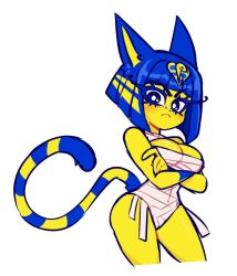 Rule 34 | 1girl, animal crossing, ankha (animal crossing), bandages, blue hair, blush, cat, cowboy shot, crossed arms, frown, furry, nintendo, short hair, solo, striped tail, tail, uraeus, white background