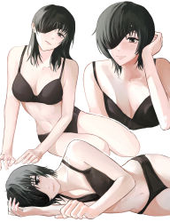 Rule 34 | 1girl, black bra, black hair, black panties, bra, breasts, buttericecreamm, chainsaw man, cleavage, eyepatch, highres, himeno (chainsaw man), looking at viewer, lying, medium breasts, on side, panties, short hair, simple background, solo, underwear, underwear only, white background