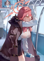 Rule 34 | 1girl, aru (blue archive), black skirt, blue archive, bottle, breasts, brown coat, coat, donggua bing cha, fur-trimmed coat, fur trim, gloves, halo, highres, holding, holding bottle, large breasts, long hair, long sleeves, open mouth, pencil skirt, plastic bottle, red hair, red halo, see-through, see-through shirt, shirt, skirt, solo focus, thighs, train interior, translation request, white gloves, white shirt, yellow eyes