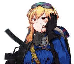 Rule 34 | 1girl, alternate costume, asymmetrical hair, backpack, bag, black gloves, blonde hair, blood, blood on clothes, blood on face, blue coat, coat, commentary, english commentary, fur-trimmed coat, fur trim, gas mask, gloves, goggles, goggles on head, gun, h&amp;k ump, hand on own face, highres, holding, holding gun, holding weapon, hololive, hololive indonesia, kaela kovalskia, looking at viewer, machine gun, mask, mask around neck, medium hair, mitsumine (ookami no oyashiro), parted lips, red eyes, rope, rust (game), solo, upper body, virtual youtuber, weapon