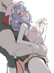 Rule 34 | 1boy, 1girl, asutora, bare arms, bare shoulders, blush, breasts, holding hands, hand on another&#039;s stomach, hat, hetero, highres, hug, hug from behind, low wings, manly, medium breasts, medium hair, mob cap, nail polish, open mouth, pink nails, pointy ears, purple hair, red eyes, remilia scarlet, simple background, size difference, touhou, white background, wings