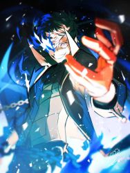 Rule 34 | 1boy, amamiya ren, black coat, black hair, blue fire, blurry, blurry foreground, btmr game, chain, coat, fire, gloves, glowing, glowing eye, hair between eyes, long sleeves, male focus, open mouth, persona, persona 5, red gloves, signature, solo