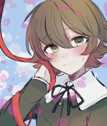 Rule 34 | 1boy, black ribbon, blush, brown eyes, brown hair, closed mouth, commentary request, danganronpa: trigger happy havoc, danganronpa (series), fujisaki chihiro, green jacket, hair between eyes, hand up, highres, jacket, male focus, multicolored background, neck ribbon, petals, red ribbon, ribbon, short hair, smile, tearing up, trap, zui nianshao