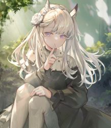 Rule 34 | 1girl, absurdres, animal ears, arknights, black dress, day, dress, feet out of frame, finger to mouth, flower, hair flower, hair ornament, hand up, heavyrain (arknights), heavyrain (tranquil moss) (arknights), highres, horse ears, horse girl, knees up, long hair, official alternate costume, outdoors, pantyhose, plant, purple eyes, shushing, sitting, solo, sybilking, white flower, white pantyhose
