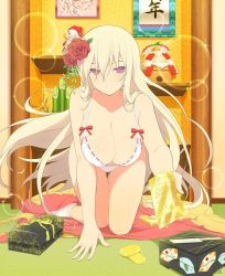 Rule 34 | 1girl, bare hips, bare legs, bare shoulders, blonde hair, box, bra, breasts, cleavage, flower, gold, hair flower, hair ornament, hand on floor, huge breasts, japanese clothes, kneeling, legs, leo (senran kagura), long hair, looking at viewer, miko, nails, offering object, purple eyes, senran kagura, smile, thick thighs, thighs, underwear, undressing