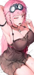 Rule 34 | 1girl, absurdres, arm up, armpits, black nightgown, blush, breasts, cleavage, closed mouth, collarbone, frown, highres, hololive, hololive english, large breasts, long hair, messy hair, mori calliope, mori calliope (sleepwear), nightgown, odyssey 21, one eye closed, pink eyes, pink hair, red eyes, red ribbon, ribbon, simple background, solo, squeans, stretching, virtual youtuber, waking up, white background