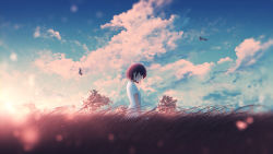 Rule 34 | 1girl, absurdres, bird, black hair, blush, building, closed mouth, cloud, closed eyes, field, furi0831, highres, light particles, original, outdoors, pleated skirt, scenery, shirt, short hair, skirt, smile, solo, sunset, tree, white shirt