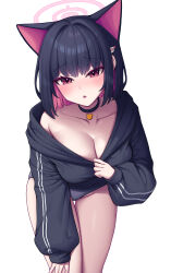 Rule 34 | 1girl, absurdres, animal ears, black hair, blue archive, blush, breasts, cat ears, cleavage, eyeliner, halo, highres, jacket, kazusa (blue archive), large breasts, leaning forward, looking at viewer, makeup, medium hair, metaljelly, multicolored hair, open mouth, pink eyes, pink hair, short hair, simple background, sleeves past wrists, solo, two-tone hair, white background