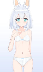 1girl animal_ears aqua_eyes blue_background blue_bow blush bow bow_bra bow_panties bra breasts collarbone gradient_background grey_hair hand_on_own_chest loli looking_at_viewer maid maid_headdress navel original panties polka_dot polka_dot_bra polka_dot_panties rabbit_ears shooko short_hair small_breasts smile standing underwear white_bra white_panties