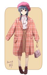 Rule 34 | 1girl, ankle boots, ascot, bag, beret, black footwear, blue hair, boots, brown background, brown skirt, casual, closed mouth, coat, dated, full body, handbag, hat, hibike! euphonium, high-waist skirt, highres, holding, holding bag, long hair, long sleeves, nii manabu, pink coat, pink hat, plaid, plaid coat, purple eyes, shirt, sidelocks, signature, skirt, sleeves past wrists, solo, standing, unbuttoned, unmoving pattern, white ascot, white shirt, winter clothes, winter coat, yoroizuka mizore