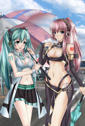 Rule 34 | 2girls, :d, adapted costume, aqua eyes, aqua hair, armband, bad id, bad pixiv id, bare arms, bare legs, bare shoulders, belt, black skirt, blue eyes, blush, breasts, cleavage, cleavage cutout, clothing cutout, cloud, copyright name, crop top, day, detached collar, detached sleeves, female focus, groin, hatsune miku, headphones, headset, height difference, holding, holding umbrella, large breasts, legs, long hair, long skirt, looking at viewer, medium breasts, megurine luka, midriff, multiple girls, navel, necktie, open mouth, panties, parasol, pink hair, pleated skirt, ponytail, race queen, racing miku, revealing clothes, shirokuma a, side-tie panties, skirt, sky, sleeveless, sleeveless turtleneck, smile, standing, tattoo, turtleneck, twintails, umbrella, underwear, very long hair, vest, vocaloid, wrist cuffs