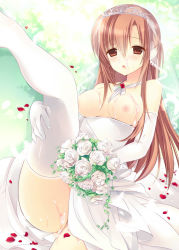 Rule 34 | 10s, 1girl, artist request, asuna (sao), blush, bouquet, breasts, bridal veil, bride, brown eyes, brown hair, censored, convenient censoring, cum, cum in mouth, cum on body, cum on breasts, cum on hair, cum on lower body, cum on upper body, dress, earrings, elbow gloves, facial, feathers, female focus, flower, gloves, half updo, jewelry, lace, lace-trimmed legwear, lace trim, long hair, looking at viewer, nipples, open mouth, petals, rose, solo, straight hair, sword art online, thighhighs, tiara, veil, wedding dress, white dress, white thighhighs