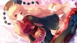 Rule 34 | 1girl, aura, black dress, blonde hair, blush, breasts, bug, butterfly, commentary request, dress, dutch angle, gengetsu chihiro, head tilt, headdress, highres, insect, junko (touhou), long hair, long sleeves, looking at viewer, medium breasts, neck ribbon, partial commentary, red eyes, ribbon, sash, smile, solo, tabard, tassel, touhou, very long hair, wide sleeves, yellow ribbon