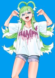 Rule 34 | 1girl, blue background, clothes writing, denim, denim shorts, galih m. santoso, green hair, highres, hololive, hololive indonesia, kobo kanaeru, long hair, looking at viewer, multicolored hair, open mouth, shirt, shorts, solo, t-shirt, virtual youtuber, white hair