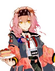 Rule 34 | 1girl, :t, absurdres, animal ears, arknights, belt, black choker, black hairband, black skirt, cake, cake slice, cat ears, choker, closed mouth, coat, food, goldenglow (arknights), grey coat, hair over shoulder, hairband, happy birthday, high-waist skirt, highres, holding, holding plate, id card, lightning bolt print, long hair, long sleeves, looking at viewer, open clothes, open coat, pink coat, pink hair, plate, shirt, skirt, solo, v-shaped eyebrows, white shirt, yellow eyes