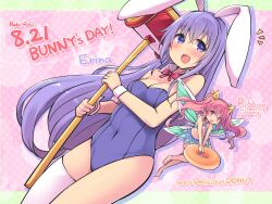 Rule 34 | 2girls, animal ears, blush, breasts, bunny day, cleavage, covered navel, detached collar, erina (rabi-ribi), fairy, fairy wings, hammer, highres, kkpnex, leotard, medium breasts, mini person, minigirl, multiple girls, open mouth, toy hammer, pink hair, playboy bunny, purple eyes, purple hair, purple leotard, rabbit ears, rabbit girl, rabi-ribi, ribbon (rabi-ribi), single thighhigh, small breasts, thighhighs, twintails, wings, wrist cuffs