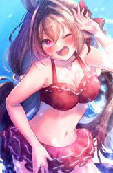 Rule 34 | 1girl, ;d, animal ears, arm up, bare arms, bare shoulders, bikini, blush, bow, breasts, brown hair, cleavage, commentary request, daiwa scarlet (trifle vacation) (umamusume), daiwa scarlet (umamusume), fang, frilled bikini, frills, hair between eyes, hair bow, hair intakes, highres, horse ears, ittokyu, layered bikini, long hair, looking at viewer, low twintails, medium breasts, navel, official alternate costume, one eye closed, open mouth, red bikini, red bow, red eyes, signature, smile, solo, swimsuit, twintails, umamusume, very long hair